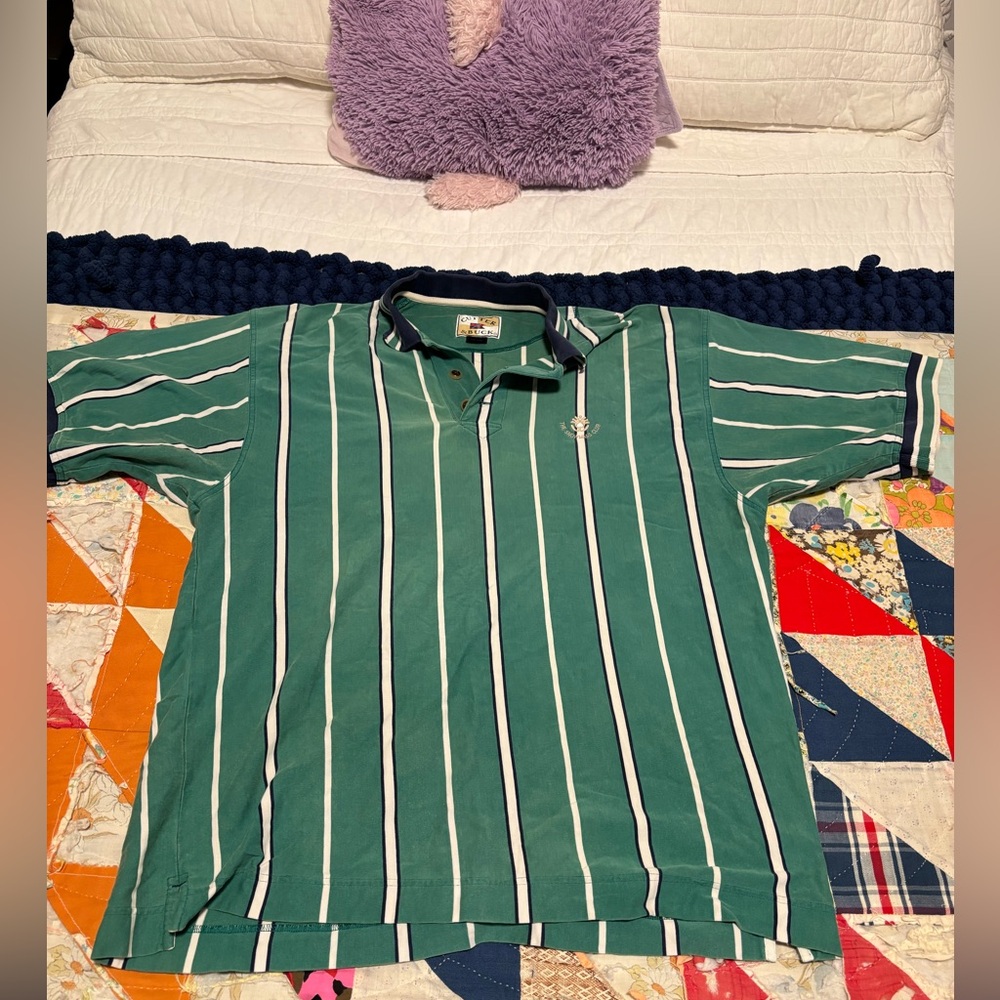 green white navy striped polo / vintage / size xl